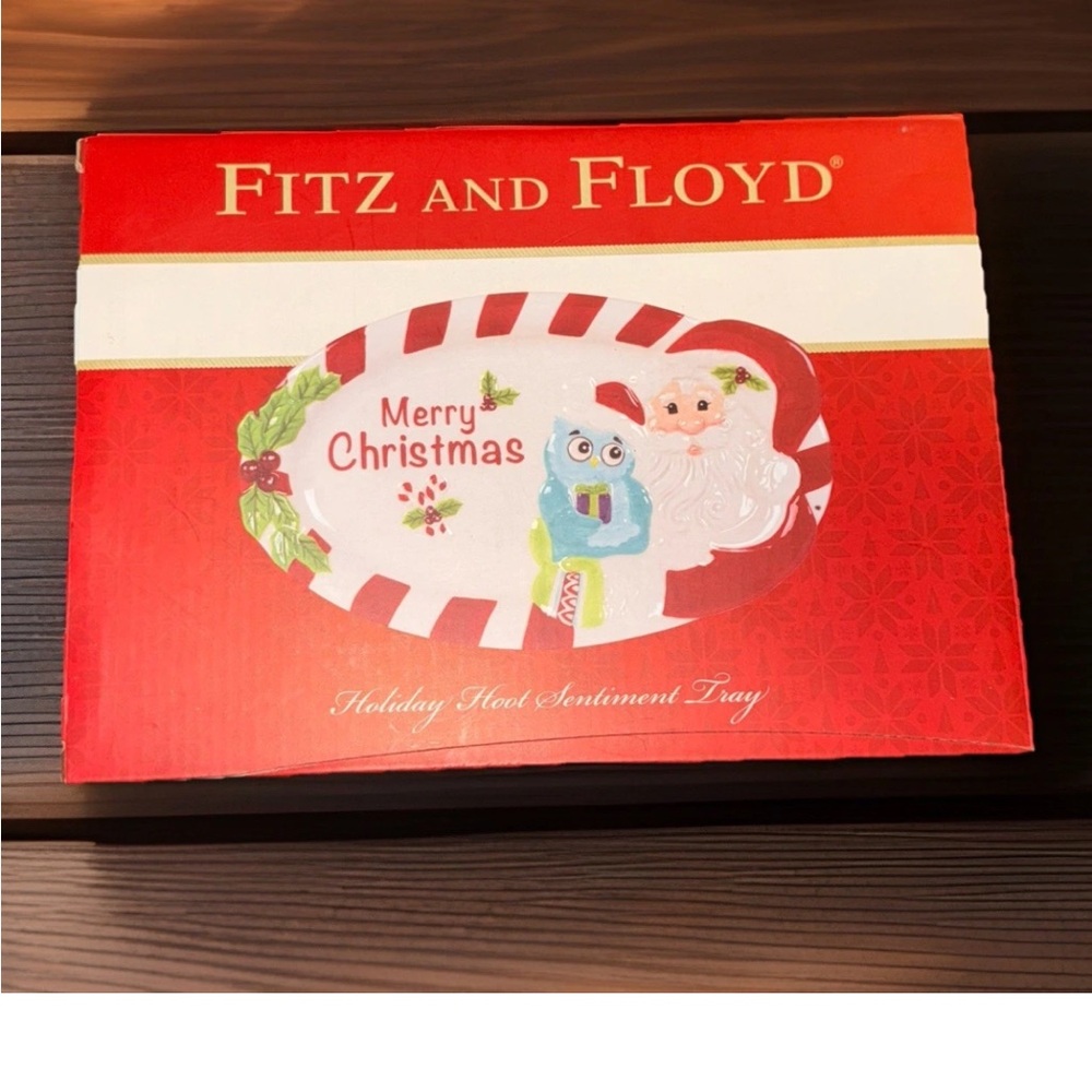 Fitz and Floyd Hoot Red and White Holiday Sentiment Tray with Santa and Blue Owl